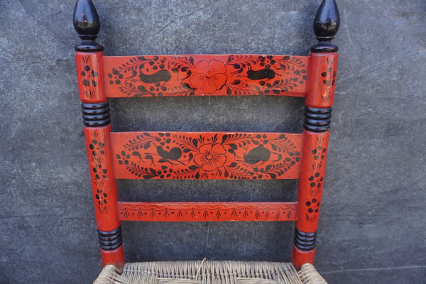 Mexican Colonial Rush Seat Chair in Red & Black 1930s F2671