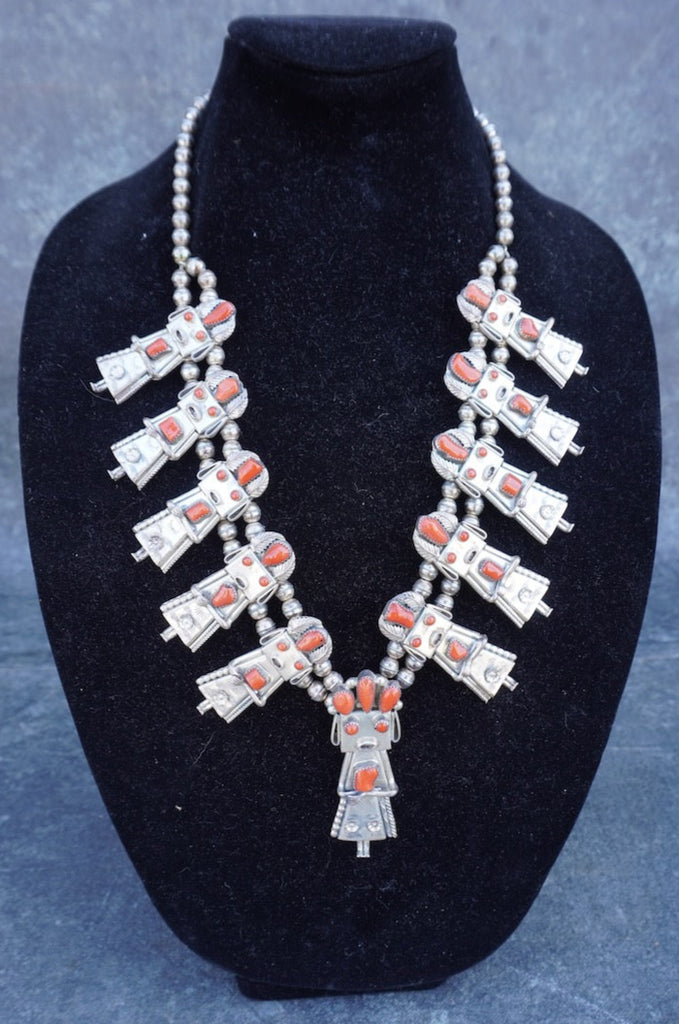 Frank Yazzie - Kachina Dancer Squash Blossom Necklace - Silver & Coral J618