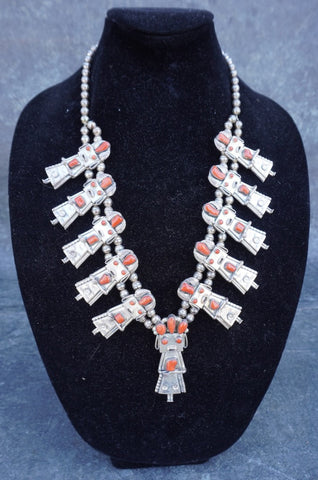 Frank Yazzie - Kachina Dancer Squash Blossom Necklace - Silver & Coral J618