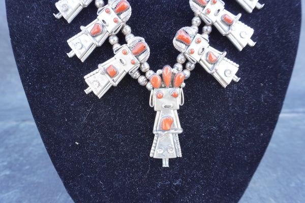 Frank Yazzie - Kachina Dancer Squash Blossom Necklace - Silver & Coral J618