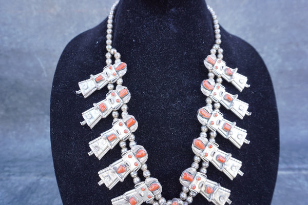 Frank Yazzie - Kachina Dancer Squash Blossom Necklace - Silver & Coral J618