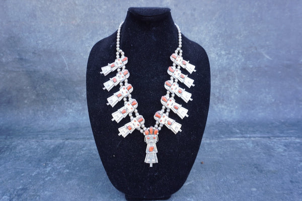 Frank Yazzie - Kachina Dancer Squash Blossom Necklace - Silver & Coral J618