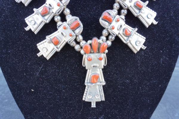 Frank Yazzie - Kachina Dancer Squash Blossom Necklace - Silver & Coral J618