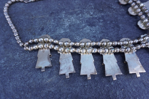 Frank Yazzie - Kachina Dancer Squash Blossom Necklace - Silver & Coral J618