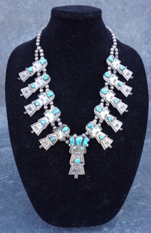 Frank Yazzie - Kachina Dancer Squash Blossom Necklace - Silver & Turquoise J619