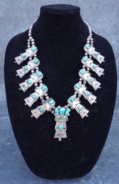 Frank Yazzie - Kachina Dancer Squash Blossom Necklace - Silver & Turquoise J619