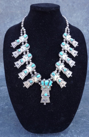 Frank Yazzie - Kachina Dancer Squash Blossom Necklace - Silver & Turquoise J619