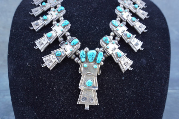 Frank Yazzie - Kachina Dancer Squash Blossom Necklace - Silver & Turquoise J619