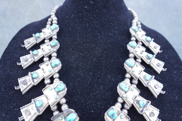 Frank Yazzie - Kachina Dancer Squash Blossom Necklace - Silver & Turquoise J619