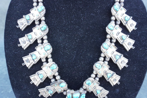 Frank Yazzie - Kachina Dancer Squash Blossom Necklace - Silver & Turquoise J619