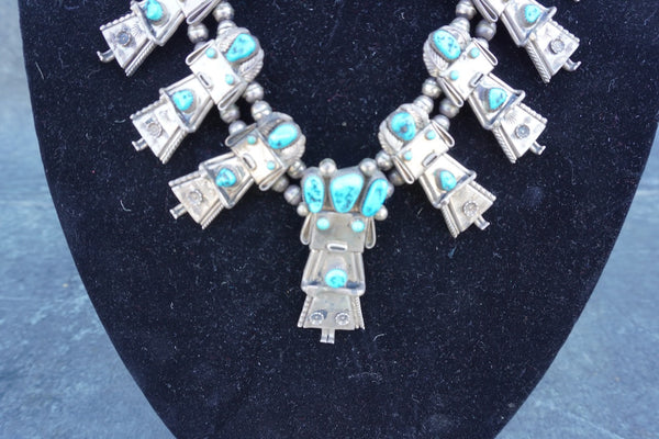 Frank Yazzie - Kachina Dancer Squash Blossom Necklace - Silver & Turquoise J619