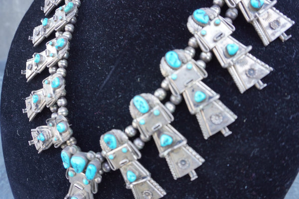 Frank Yazzie - Kachina Dancer Squash Blossom Necklace - Silver & Turquoise J619