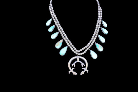 Frank Yazzie  Sterling Silver and Turquoise Squash Blossom Necklace J620