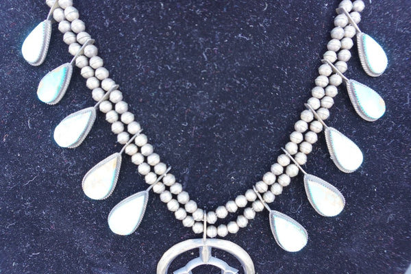 Frank Yazzie  Sterling Silver and Turquoise Squash Blossom Necklace J620