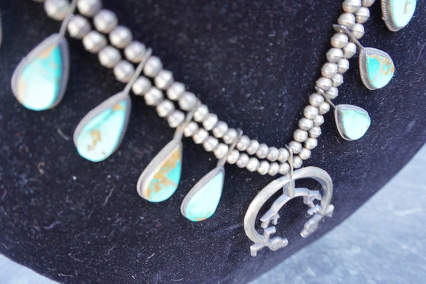 Frank Yazzie  Sterling Silver and Turquoise Squash Blossom Necklace J620