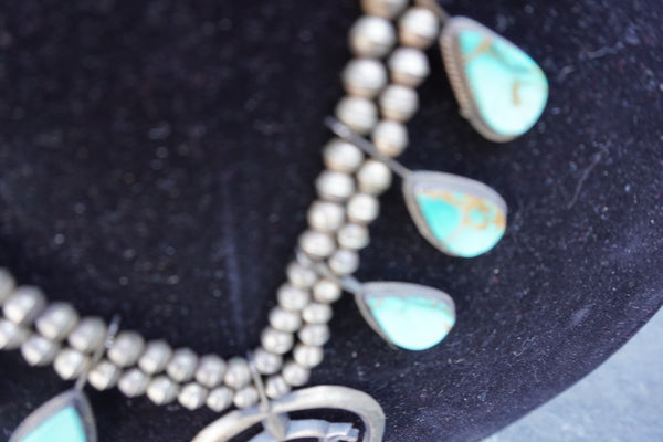 Frank Yazzie  Sterling Silver and Turquoise Squash Blossom Necklace J620