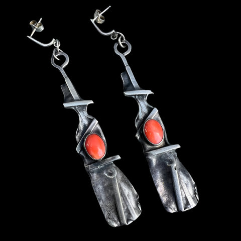 Brutalist Silver and Coral Earrings J633