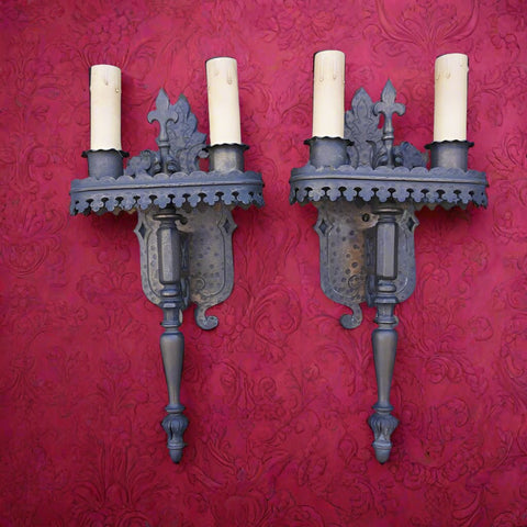 Pair of Spanish Revival Sconces, Double Candle, in Solid Bronze L773