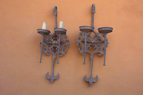 Pair of Spanish Revival Double-Candle Sconces Wrought Iron c 1925 L774