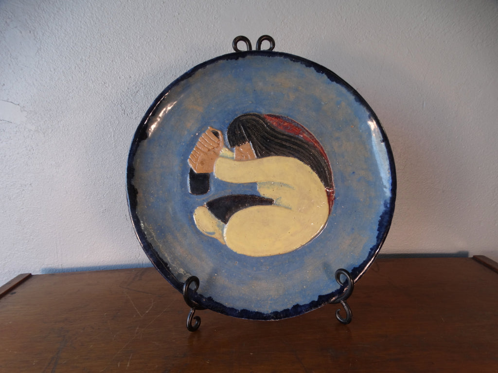Seamus Walsh -Blue Diego Rivera Inspired Plate - Kneeling Woman at her Molcajete 1946 M2952