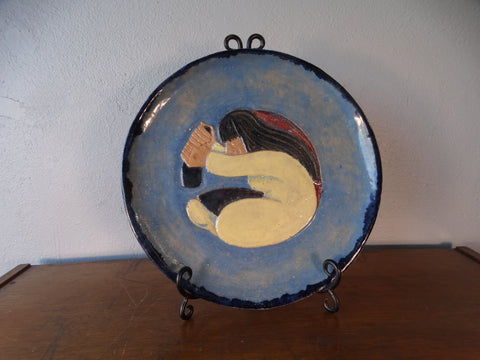 Seamus Walsh -Blue Diego Rivera Inspired Plate - Kneeling Woman at her Molcajete 1946 M2952