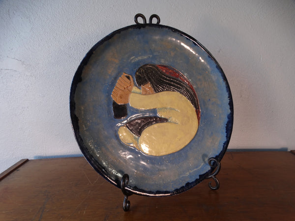 Seamus Walsh -Blue Diego Rivera Inspired Plate - Kneeling Woman at her Molcajete 1946 M2952