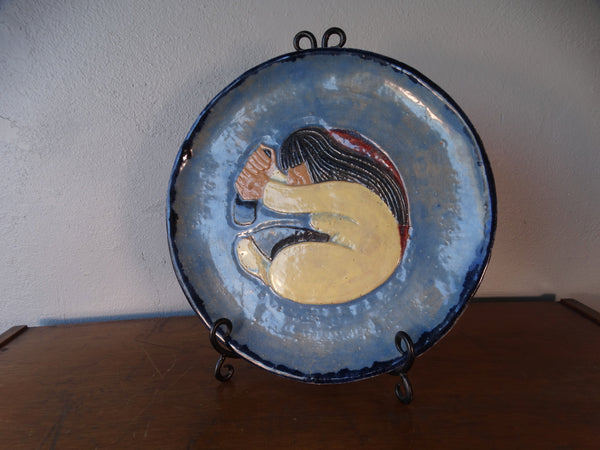 Seamus Walsh -Blue Diego Rivera Inspired Plate - Kneeling Woman at her Molcajete 1946 M2952
