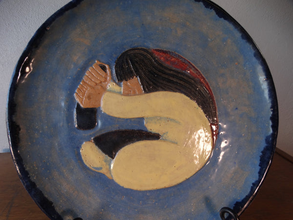 Seamus Walsh -Blue Diego Rivera Inspired Plate - Kneeling Woman at her Molcajete 1946 M2952