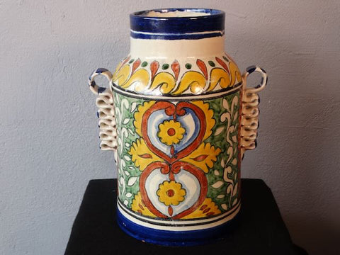 Mexican Talavera hand glazed vase with Ribbon handles circa 1970's M2954