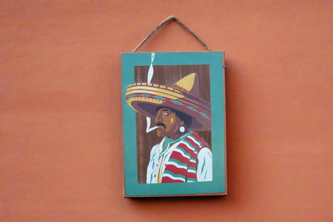 Smoking man in Sombrero, screen-print on Redwood Panel M3038