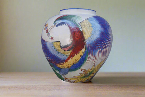 Mexican Burnished Ceramic Vase with Fantasy Bird Motif c. 1940s M3040