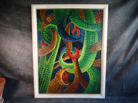 Mexican Abstract Creatures Painting signed BAZA 1960 P3121