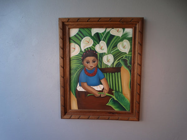 Mexican Artist - Girl with Calla Lilies Holding a Banana Leaf Oil on Board P3137