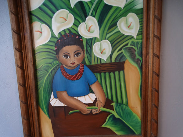 Mexican Artist - Girl with Calla Lilies Holding a Banana Leaf Oil on Board P3137