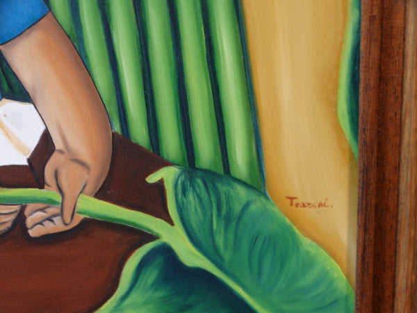 Mexican Artist - Girl with Calla Lilies Holding a Banana Leaf Oil on Board P3137