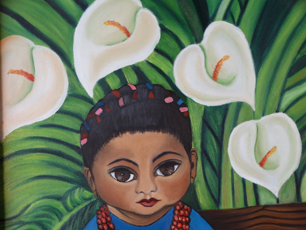 Mexican Artist - Girl with Calla Lilies Holding a Banana Leaf Oil on Board P3137