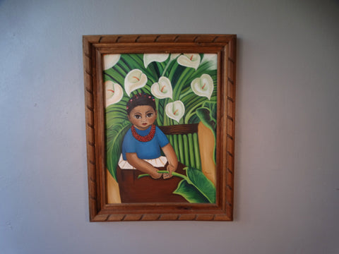 Mexican Artist - Girl with Calla Lilies Holding a Banana Leaf Oil on Board P3137