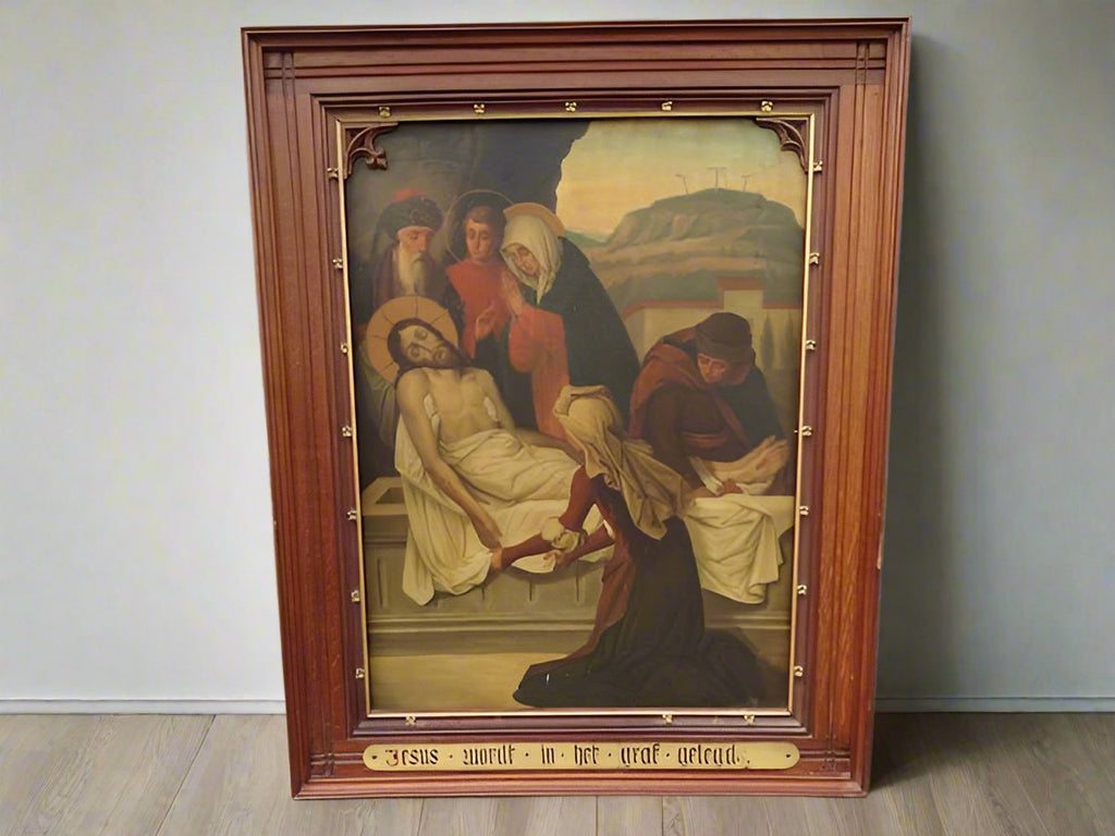 14th Station of the Cross in a Flame Oak Frame c 1910 Oil on Copper P3141