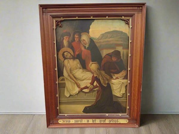 14th Station of the Cross in a Flame Oak Frame c 1910 Oil on Copper P3141