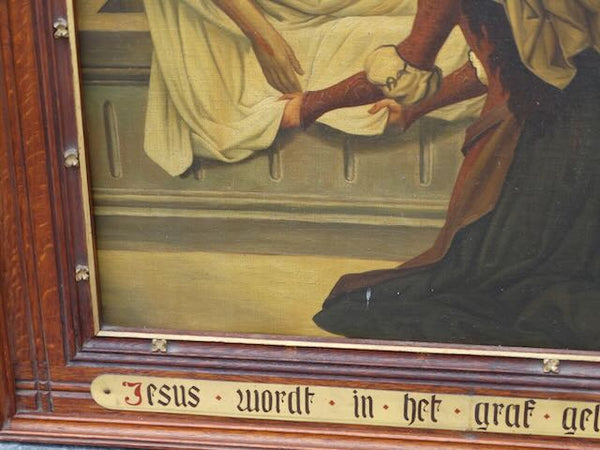 14th Station of the Cross in a Flame Oak Frame c 1910 Oil on Copper P3141