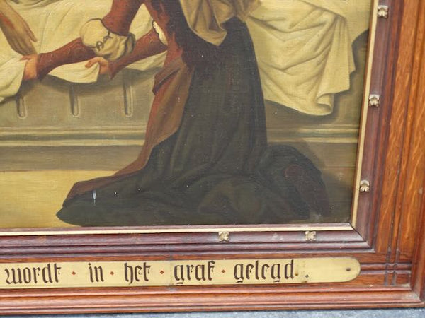 14th Station of the Cross in a Flame Oak Frame c 1910 Oil on Copper P3141