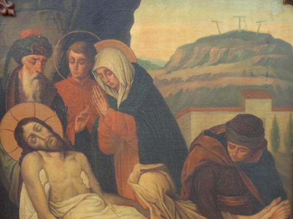 14th Station of the Cross in a Flame Oak Frame c 1910 Oil on Copper P3141