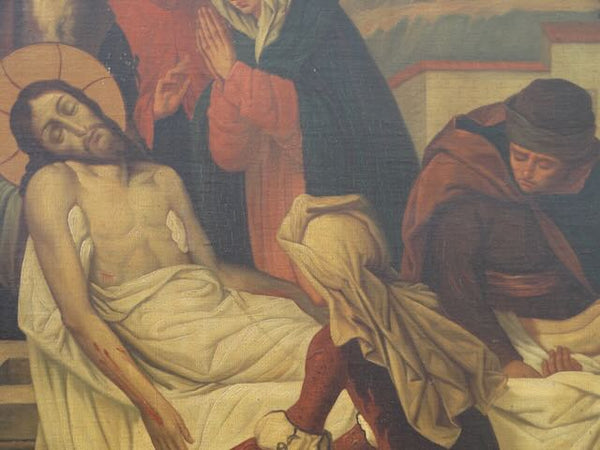 14th Station of the Cross in a Flame Oak Frame c 1910 Oil on Copper P3141