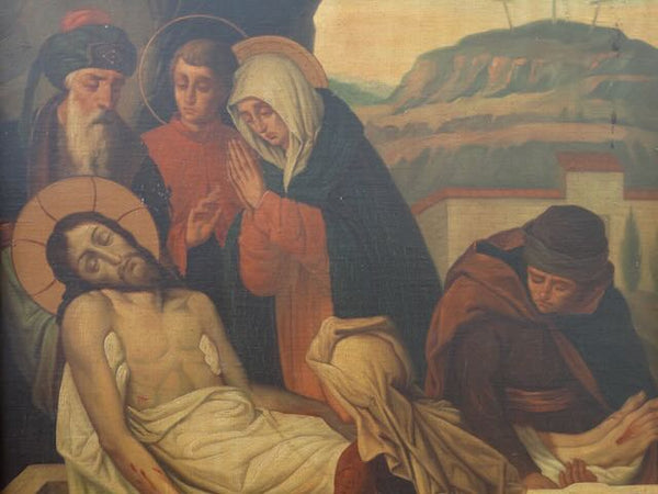 14th Station of the Cross in a Flame Oak Frame c 1910 Oil on Copper P3141