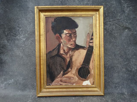 Spanish Guitar Player - Oil on Board c 1960s P3143