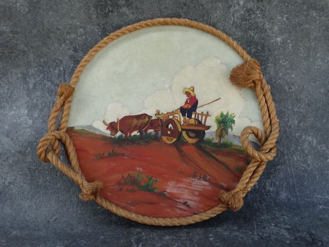 Mexican Scene painted on a Round Wooden Tray c 1930s  P3201