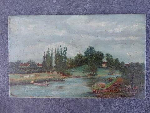 River Bank - American Folk Art Landscape - Oil on Board 19th Century P3204