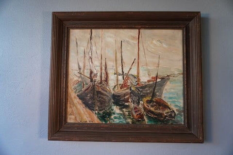 Rose Kuper - New York  Plein Air Oil on Canvas - Boats at their Mooring Dated 1930 P3235