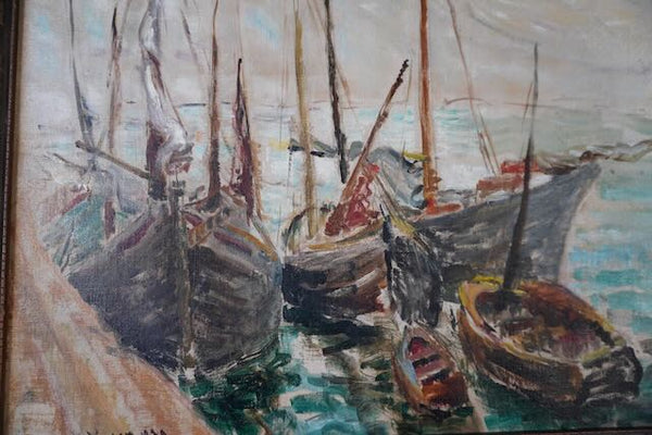 Rose Kuper - New York  Plein Air Oil on Canvas - Boats at their Mooring Dated 1930 P3235