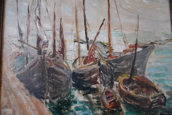 Rose Kuper - New York  Plein Air Oil on Canvas - Boats at their Mooring Dated 1930 P3235